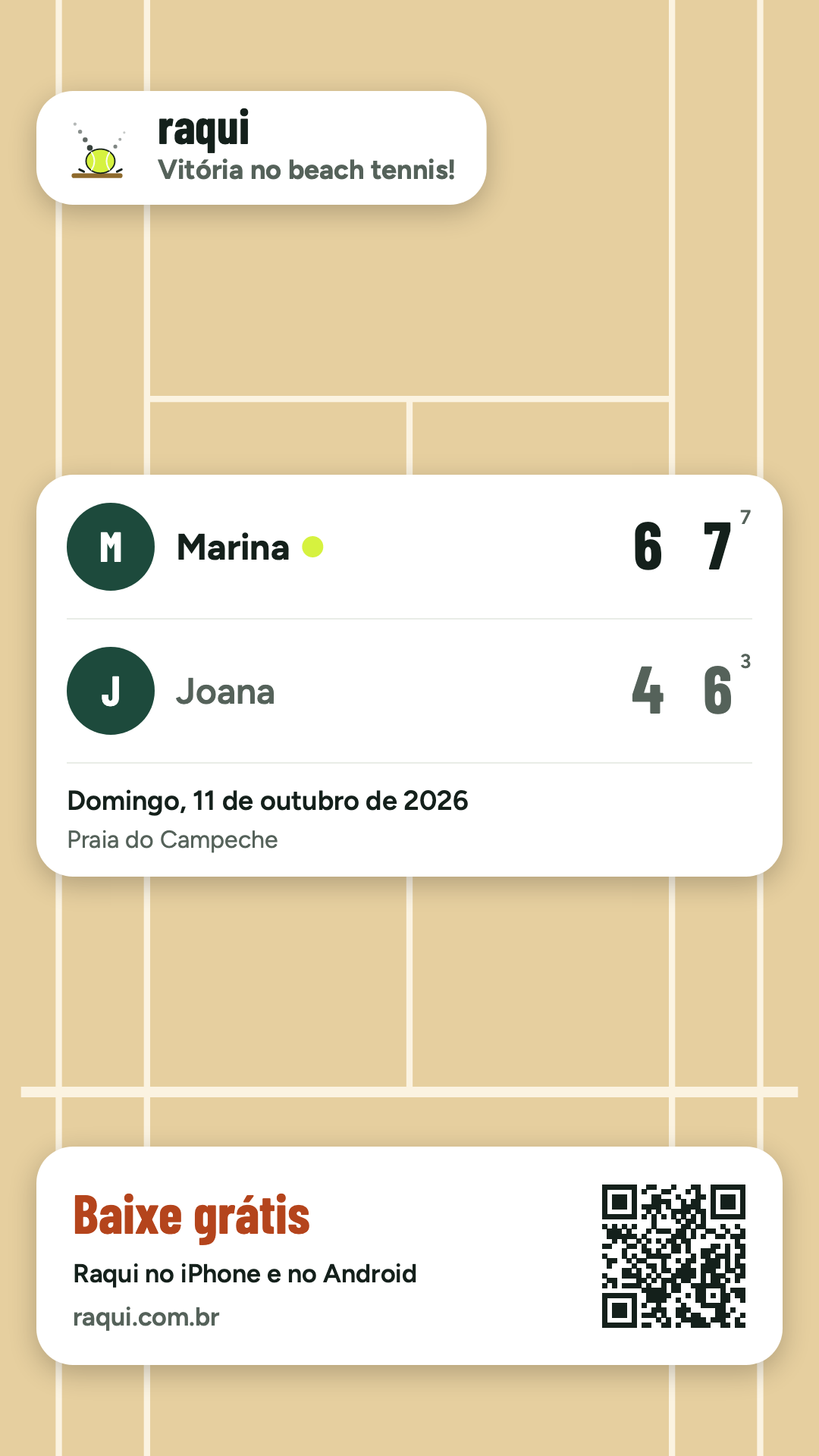 Imagem de uma partida de beach tennis no fundo de areia: Marina venceu Joana por 6 a 4 e 7 a 6, na Praia do Campeche.